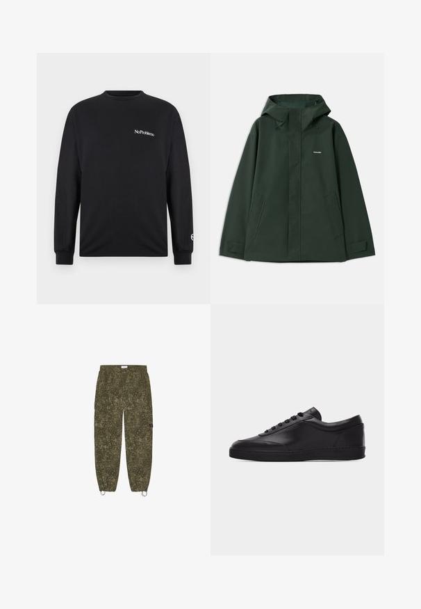 Veste imperméable verte avec capuche, dotée d'une fermeture éclair à l'avant, de deux poches latérales et d'un petit logo sur la poitrine. Texture lisse.; T-shirt noir à manches longues en coton. Présente le texte "No Problemo" sur la poitrine et un logo sur la manche. Encolure ronde et poignets ajustés.; Pantalons cargo en vert olive avec un motif texturé, des poignets élastiques et deux boucles latérales. Comprend des poches cargo et un design en tissu respirant.; Baskets basses en cuir noir avec lacets sur le devant et semelle en caoutchouc plate, vues de côté sur un fond blanc uni.