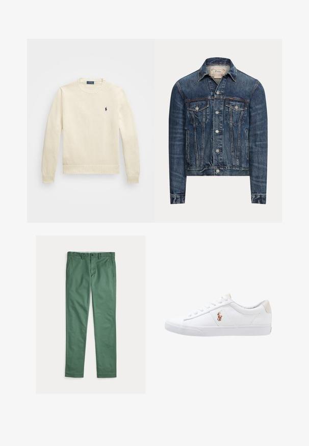 Blauwe spijkerjas met knoopsluiting, twee borstflappenzakken, zijzakken en zichtbare stiksels, met Polo Ralph Lauren-label aan de binnenkant van de kraag.; Crèmekleurige gebreide trui met een ronde hals, geribde onderrand en manchetten, voorzien van een klein marineblauw logo op de linkerkant van de borst.; Groene rechte herenbroek met voorzakken, riemlussen en knoopsluiting, plat uitgespreid op een witte achtergrond.; Witte canvas sneakers met een laag ontwerp, featuring een beige hieltab en een klein geborduurd logo aan de zijkant. Rubber zool.