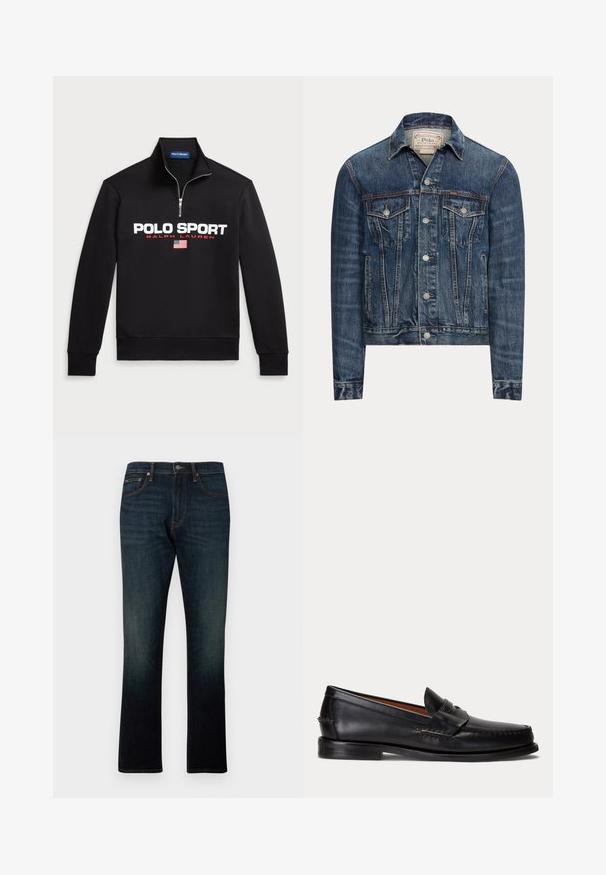 Blauwe spijkerjas met knoopsluiting, twee borstflappenzakken, zijzakken en zichtbare stiksels, met Polo Ralph Lauren-label aan de binnenkant van de kraag.; Zwarte sweatshirt met rits en een zachte stof, voorzien van een groot wit "POLO SPORT" logo, rode accenten en een kleine Amerikaanse vlaggraphic.; Donkerblauwe rechte denim jeans met vijf zakken en oranje stiksels, plat weergegeven op een witte achtergrond.; Zwarte leren loafer met lage hak en penny-strap detail, van opzij getoond op een lichtgrijze achtergrond.