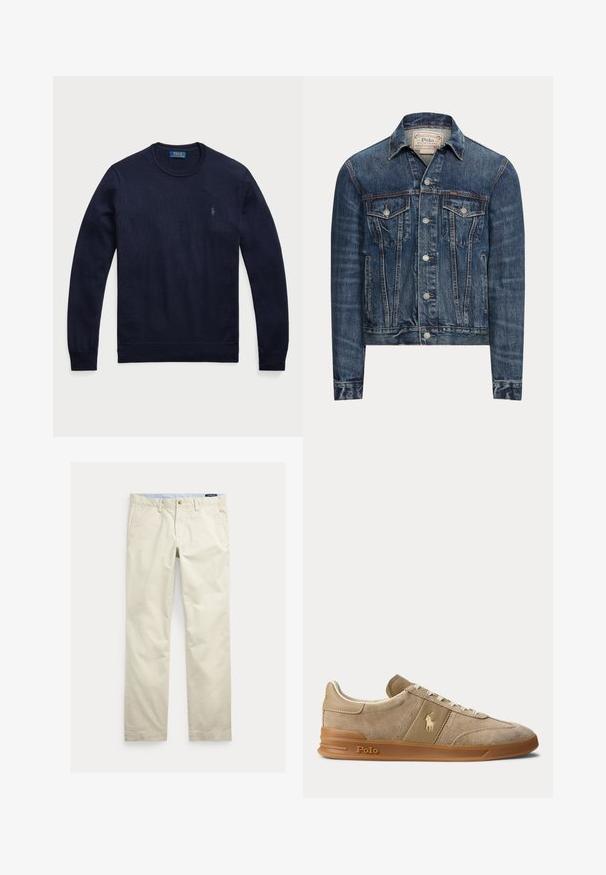 Blaue Jeansjacke mit Knopfverschluss, zwei Brustklappentaschen, Seitentaschen und sichtbaren Nähten, mit Polo Ralph Lauren-Label im Innenkragen.; Marineblauer Rundhals-Pullover aus Strickstoff mit gerippten Bündchen und Saum, mit einem kleinen gestickten Logo auf der linken Brust.; Beige Baumwollhosen mit geradem Bein, Gürtelschlaufen, vorderem Knopf, Reißverschluss und Seitentaschen.; Beiger Wildleder- und Leder-Low-Top-Sneaker mit Gummisohle, weißen Schnürsenkeln und Polo-Logo an der Seite und an der Sohle.