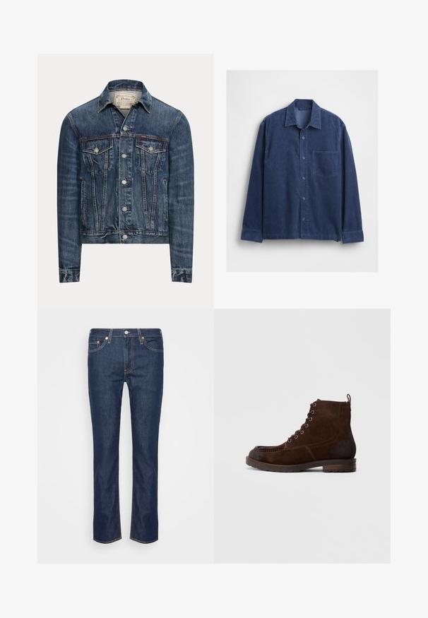 Blå denimjakke med knaplukning, to brystlommer med klap, sidelommer og synlig syning, mærket Polo Ralph Lauren indeni kraven.; Marineblå kordfløjls skjorte med krave, lange ærmer og en frontlomme. Knappelukning og tekstureret stof.; Mørkeblå lige ben denim jeans med orange søm, fem lommer og en frontknap samt lynlås.; Mørkebrun ruskinds snørebod med metaløjer, moc toe-syninger, løftestrop på hælen og stablet træsål på hvid baggrund.