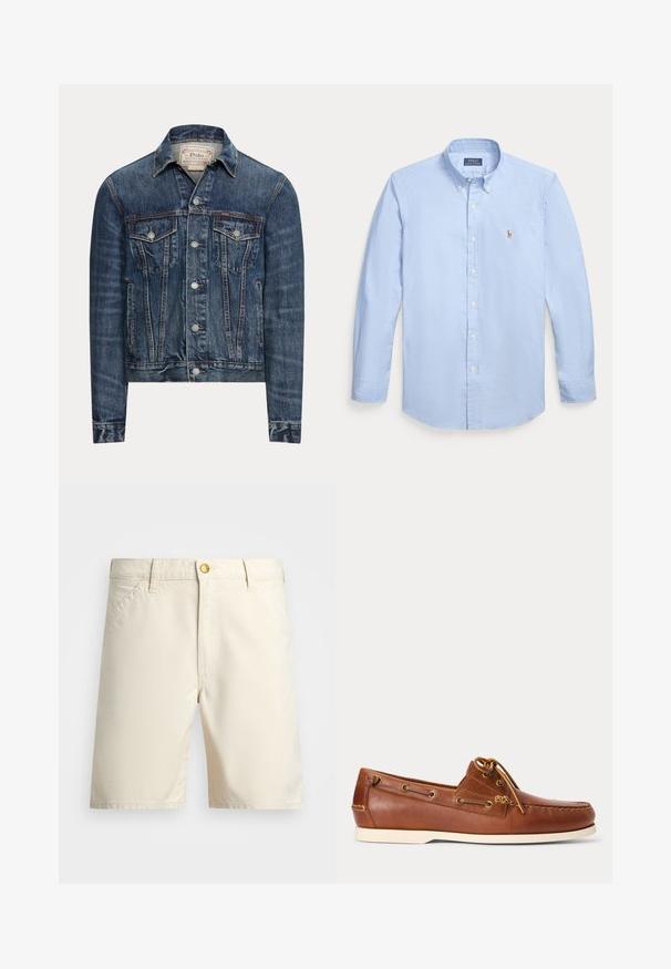 Blauwe spijkerjas met knoopsluiting, twee borstflappenzakken, zijzakken en zichtbare stiksels, met Polo Ralph Lauren-label aan de binnenkant van de kraag.; Lichtblauw overhemd met lange mouwen, knopen, knoopkraag en klein geborduurd logo op het borstzakgebied.; Beige shorts van lichtgewicht stof, met een knoopsluiting, lussen voor een riem en zijzakken. Eenvoudig ontwerp met strakke lijnen.; Bruine leren bootschoen met witte zool, veter gestrikt bovenaan en metalen veterogen langs de zijkanten en voorste stiksels.