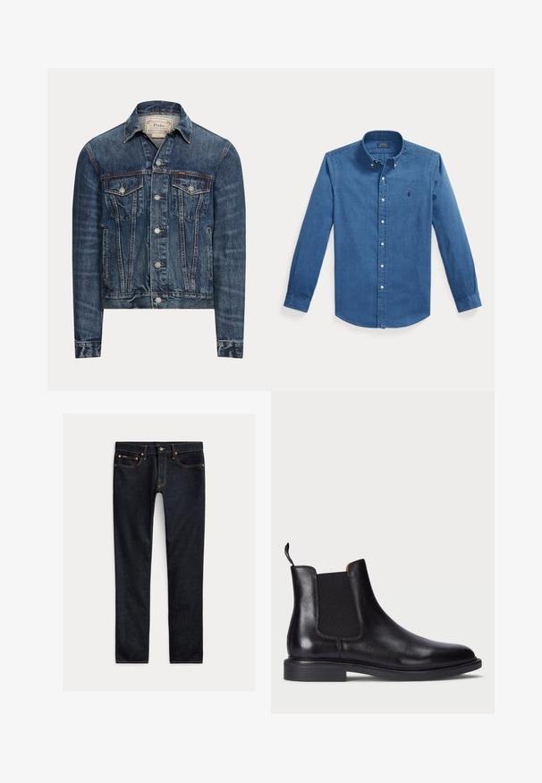 Blå denimjakke med knaplukning, to brystlommer med klap, sidelommer og synlig syning, mærket Polo Ralph Lauren indeni kraven.; Blå tekstureret skjorte med lange ærmer, knappelukning og knapkrave samt lille broderet logo på venstre bryst.; Mørkeblå slim-fit jeans med fem lommer, knaplukning og kontrastsyning lagt fladt på en lys baggrund.; Sort læder Chelsea støvle med elastiske sidelæg, tekstureret overflade, rund tå og en lav stablet hæl. Har en grebsløkke for nem påtagning.
