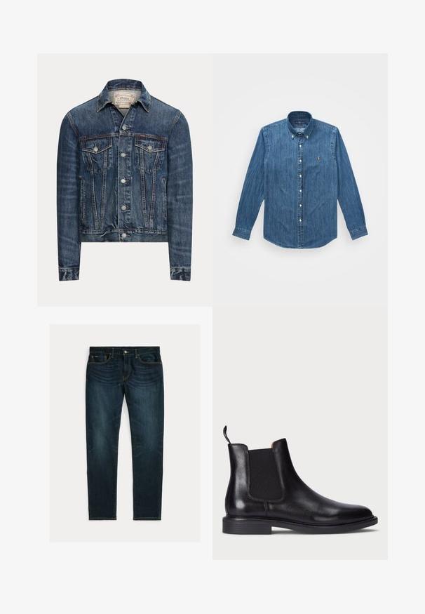 Blå denimjakke med knaplukning, to brystlommer med klap, sidelommer og synlig syning, mærket Polo Ralph Lauren indeni kraven.; Denimskjorte med lange ærmer, krave med knapper og et subtilt vertikalt stribe mønster, i en mellemblå farve med et logo akcent.; Mørkeblå slim-fit jeans med let falmning og fem-lomme-design, lagt fladt på hvid baggrund.; Sort læder Chelsea støvle med elastiske sidelæg, tekstureret overflade, rund tå og en lav stablet hæl. Har en grebsløkke for nem påtagning.