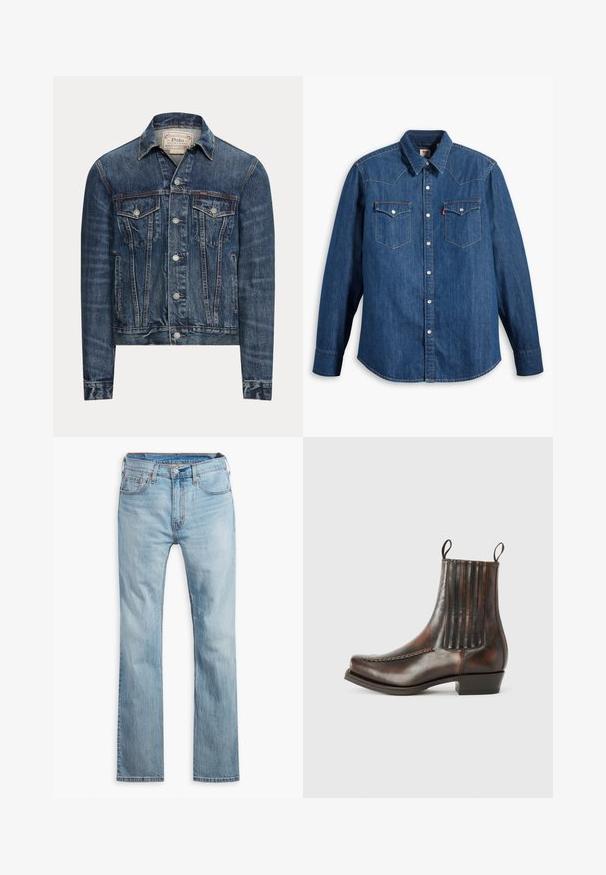 Blå denimjakke med knaplukning, to brystlommer med klap, sidelommer og synlig syning, mærket Polo Ralph Lauren indeni kraven.; Denim skjorte i mørkeblå med lange ærmer, spids krave og trykknapper. Har to brystlommer med klapper og kontrastsying.; Lyseblå denim jeans, lige pasform, med fem lommer, kontrastsyning og knaplukning i taljen.; Brun læder ankelstøvle med en glat overflade, elastiske sidepaneler, en rund tå, dekorativ syning og en lav blokhæl.