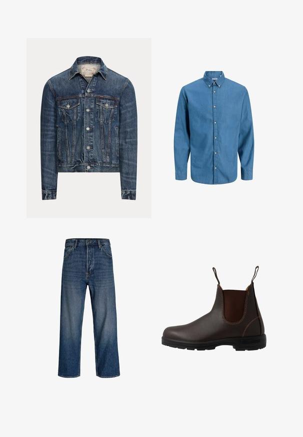 Veste en jean bleue avec fermeture par boutons, deux poches poitrine à rabat, poches latérales et coutures apparentes, étiquetée Polo Ralph Lauren à l'intérieur du col.; Chemise bleue à manches longues en denim, avec un col. Texture unie avec des boutons visibles sur le devant.; Jean en denim avec une coupe droite, couleur bleu foncé et délavage subtil. Comprend cinq poches et une fermeture à bouton.; Botte Chelsea en cuir marron avec panneau latéral élastique, coutures marron, languettes de tirage, et une semelle en caoutchouc durable avec un motif texturé.