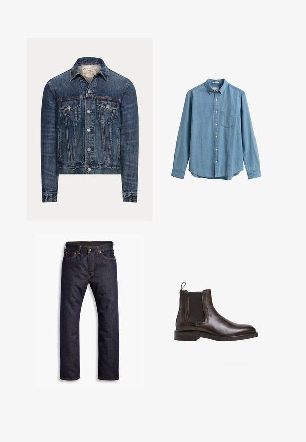 Blå denimjakke med knaplukning, to brystlommer med klap, sidelommer og synlig syning, mærket Polo Ralph Lauren indeni kraven.; Lyseblå denimskjorte med lange ærmer, knapper foran, brystlomme, knappet krave og hvide knapper.; Mørkeblå lige ben denim jeans med fem lommer og orange kontrastsyning, lagt fladt ud mod hvid baggrund.; Brune læder Chelsea støvle med elastiske sidepaneler, løkke til at trække op med, og en lav stablet hæl. Glat tekstur og slank silhuet.