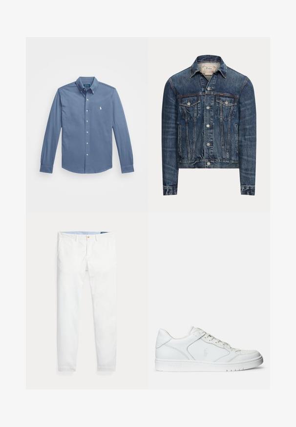 Blå denimjakke med knaplukning, to brystlommer med klap, sidelommer og synlig syning, mærket Polo Ralph Lauren indeni kraven.; Knap-up skjorte i lys blå, lavet af bomuldsstof, lange ærmer med knapmanchetter, klassisk krave og broderet logo på brystet.; Hvide bomuldschinos med slank pasform, med en enkelt guldknaplukning og lyseblåt inderliv. Glat tekstur uden mønstre.; Hvide lædersneakers med en glat tekstur, der har en perforeret tå, snørebåndslukning og broderet logo på siden. Hvid gummisål.