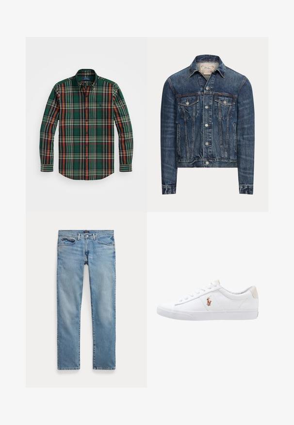 Blå denimjakke med knaplukning, to brystlommer med klap, sidelommer og synlig syning, mærket Polo Ralph Lauren indeni kraven.; Grønternet skjorte med knapper i orange, marineblå og hvide striber. Har en klassisk krave og lange ærmer, lavet af blødt bomuldsstof.; Lyseblå jeans med lige ben, forlommer og knaplukning, lagt fladt på en hvid baggrund.; Hvide kanvas sneakers med lågtop design, prydet med en beige hælkappe og et lille broderet logo på siden. Gummisål.