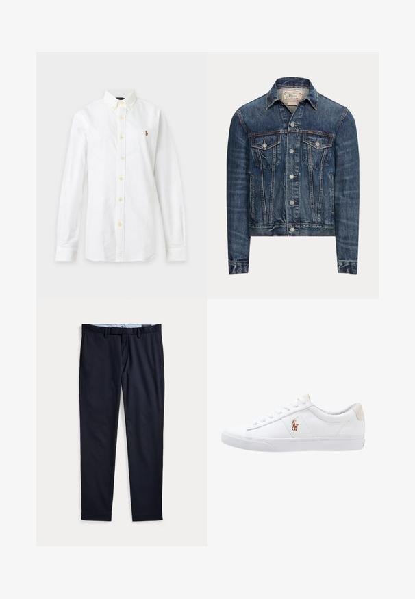 Blaue Jeansjacke mit Knopfverschluss, zwei Brustklappentaschen, Seitentaschen und sichtbaren Nähten, mit Polo Ralph Lauren-Label im Innenkragen.; Weißes Hemd mit langen Ärmeln, Knopfleiste, Kragen und kleinem gesticktem Logo auf der linken Brust vor schlichtem Hintergrund.; Marineblaue Herrenhose mit Gürtelschlaufen, Reißverschluss und Seitentaschen, flach auf weißem Hintergrund ausgelegt.; Weiße Leinensneaker im Low-Top-Design mit einem beigen Ferseneinsatz und einem kleinen gestickten Logo an der Seite. Gummisohle.
