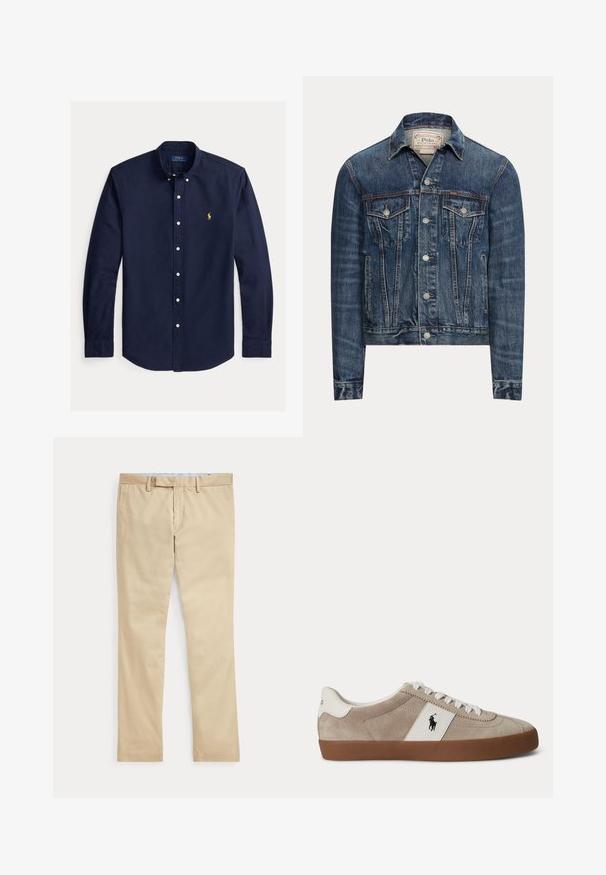 Blaue Jeansjacke mit Knopfverschluss, zwei Brustklappentaschen, Seitentaschen und sichtbaren Nähten, mit Polo Ralph Lauren-Label im Innenkragen.; Marineblaues langärmliges Hemd mit Knopfleiste, Button-Down-Kragen und kleinem gelben Polo Ralph Lauren Logo auf der linken Brust.; Beige gerade Hose mit Gürtelschlaufen und einem vorderen Reißverschluss, flach auf weißem Hintergrund gelegt.; Beiger Wildleder-Sneaker mit niedrigem Schaft, weißen Schnürsenkeln, weißem Lederakzent mit schwarzem Pferdelogo und brauner Gummisohle.