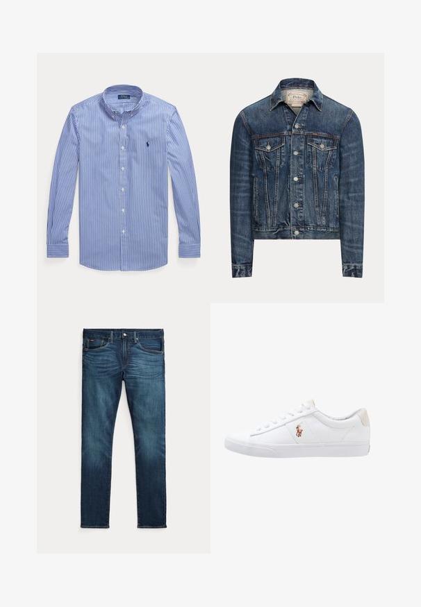 Veste en jean bleue avec fermeture par boutons, deux poches poitrine à rabat, poches latérales et coutures apparentes, étiquetée Polo Ralph Lauren à l'intérieur du col.; Chemise à manches longues rayée verticale bleu et blanc, à boutons, col boutonné, avec le logo Polo Ralph Lauren sur la poitrine.; Jean slim bleu foncé avec bouton et fermeture éclair à l'avant, cinq poches et une subtile décoloration sur l’avant des cuisses et des genoux.; Baskets en toile blanches avec un design basse, présentant un onglet de talon beige et un petit logo brodé sur le côté. Semelle en caoutchouc.
