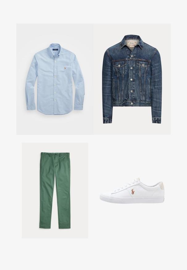 Modrá rifľová bunda so zapínaním na gombíky, dvoma náprsnými vreckami s chlopňami, bočnými vreckami a viditeľným prešívaním, označená Polo Ralph Lauren vo vnútri goliera.; Svetlomodrá košeľa s dlhým rukávom na gombíky vyrobená z bavlny, s klasickým golierom a malým červeným vyšitým logom na hrudi.; Zelené pánske nohavice s rovnými nohavicami, prednými vreckami, pútkami na opasok a zapínaním na gombík, zobrazené na bielom pozadí.; Biele plátenné tenisky s nízkym strihom, ktoré majú béžový opasok na päte a malé vyšívané logo na boku. Gumová podrážka.