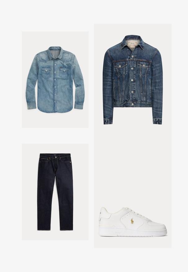 Sinine teksajakk nööpkinnitusega, kahe rinnatasku kaant, küljetaskud ja nähtavad õmblused, märgistatud Polo Ralph Lauren sisevoldil.; Hele sinine teksapusa, millel on terav krae, pikad varrukad, kaks rinnataskut ja nupuvajutusega kinnitused. Klassikaline läänelike stiil.; Tumedad indigotooni sirge lõikega teksapüksid viie tasku, nööbi- ja tõmblukuga ning kontrastse oranži õmblusega ühevärvilisel taustal.; Valged madala säärega nahast tossud valgete nööpide ja külgedel kuldse Polo Ralph Laureni logoga ning "Polo" tallale reljeefselt pressitud.