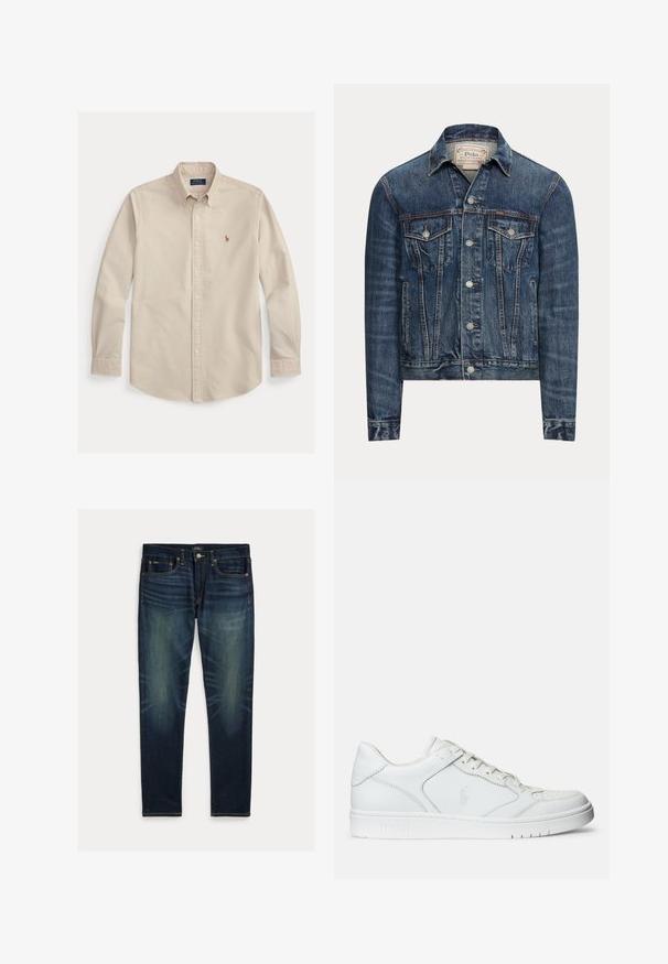 Modrá rifľová bunda so zapínaním na gombíky, dvoma náprsnými vreckami s chlopňami, bočnými vreckami a viditeľným prešívaním, označená Polo Ralph Lauren vo vnútri goliera.; Béžová košeľa s dlhými rukávmi na gombíky, golierom, vyšívaným logom Polo Ralph Lauren na hrudi a manžetami s gombíkmi.; Tmavomodré slim-fit rifle so vyblednutými detailmi, dizajn s piatimi vreckami a zapínaním na gombíky, položené na bielom pozadí.; Biele kožené tenisky s hladkým povrchom, obsahujúce perforovanú špičku, šnúrkové uzatvorenie a vyšívané logo na boku. Biela gumová podrážka.