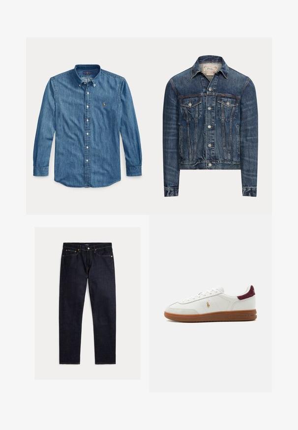 Blauwe spijkerjas met knoopsluiting, twee borstflappenzakken, zijzakken en zichtbare stiksels, met Polo Ralph Lauren-label aan de binnenkant van de kraag.; Blauw denim overhemd met lange mouwen, kraag en klein geborduurd logo op de linkerborst naast de knopen.; Donker indigoblauwe rechte jeans met vijf zakken, knoop- en ritsluiting en contrasterende oranje stiksels op een effen achtergrond.; Witte lage sneaker met bruine rubberen zool, gouden polo speler logo aan de zijkant, witte veters en bordeaux suède hieltab, merk Ralph Lauren.