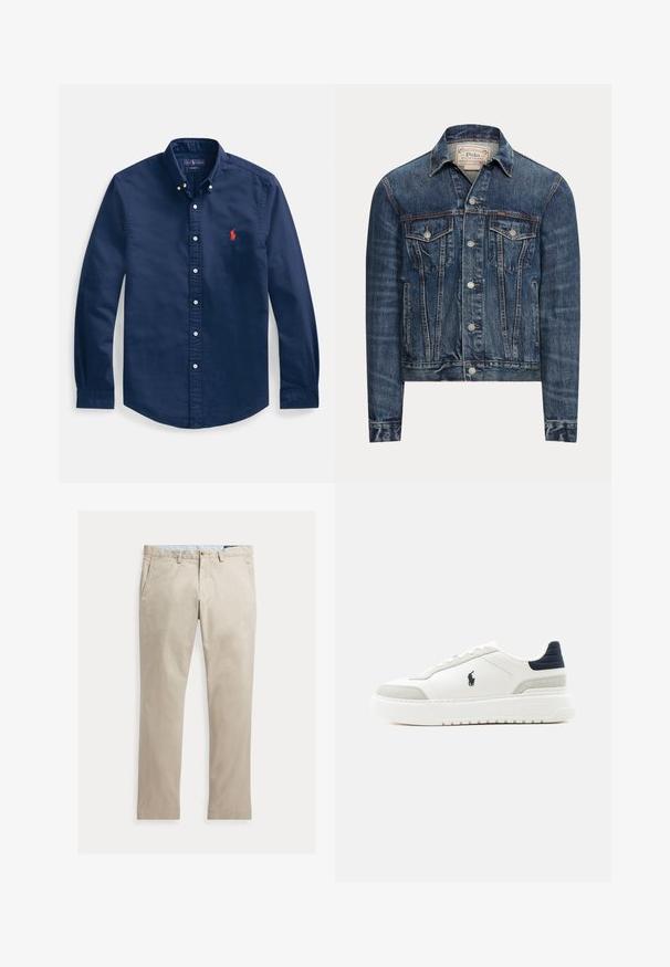 Blauwe spijkerjas met knoopsluiting, twee borstflappenzakken, zijzakken en zichtbare stiksels, met Polo Ralph Lauren-label aan de binnenkant van de kraag.; Marineblauw katoenen overhemd met knopen, voorzien van een puntige kraag, lange mouwen en een klein rood geborduurd logo op de borst.; Beige katoenen broek met rechte pijpen, voorzakken, riemlussen, knoopsluiting en ritssluiting, plat liggend op een witte achtergrond.; Witte lage sneaker met zwarte hielkap, grijze suède accenten, dikke zool en zwart Polo-logo aan de buitenkant.