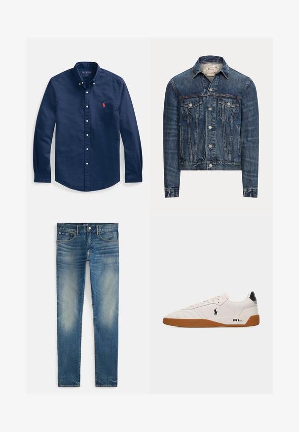 Sininen farkkutakki, jossa napillinen kiinnitys, kaksi rintataskua läpällä, sivutaskut ja näkyvät saumat, merkitty Polo Ralph Lauren kauluksen sisäpuolelle.; Laivaston sininen puuvillapaita, jossa on kauluskäänne, pitkät hihat ja pieni punainen kirjailtu logo rinnassa.; Siniset haalistetut slim fit -farkut, joissa napillinen ja vetoketjullinen suljin, etu- ja pieni kolikkotasku, esitelty valkoisella taustalla litteästi.; Valkoinen matala tennari, jossa ruskea kumipohja, musta Polo Ralph Lauren -logo sivussa ja "RL"-teksti kantapääosassa.