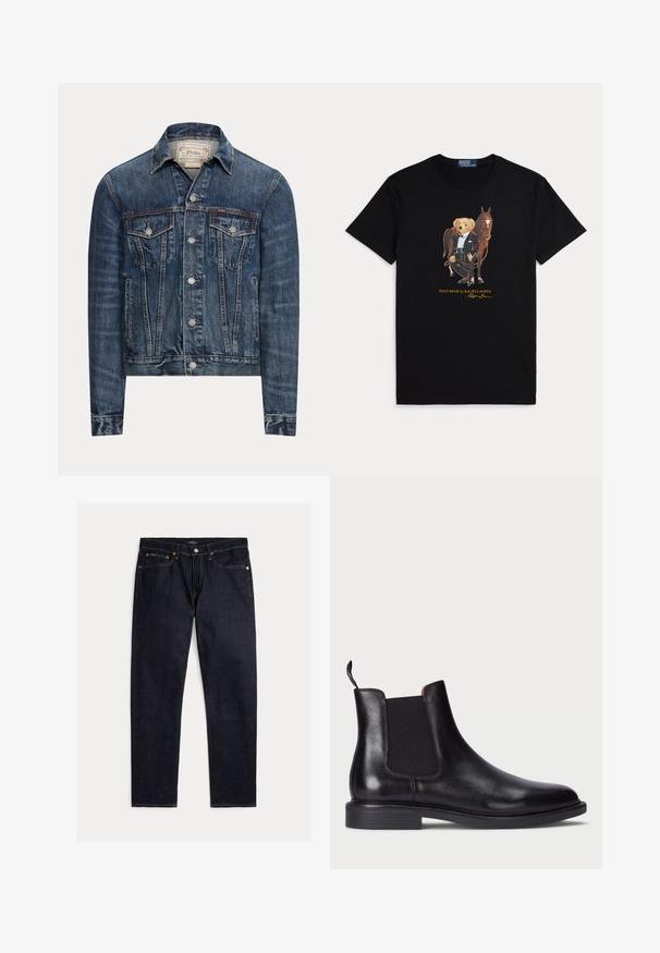 Modrá rifľová bunda so zapínaním na gombíky, dvoma náprsnými vreckami s chlopňami, bočnými vreckami a viditeľným prešívaním, označená Polo Ralph Lauren vo vnútri goliera.; Čierne tričko s grafikou plyšového medveďa oblečeného do formálneho jazdeckého odevu stojaceho vedľa hnedého koňa.; Tmavomodré rovné rifle s piatimi vreckami, zapínaním na gombík a zips, so z kontrastným oranžovým prešívaním na jednofarebnom pozadí.; Čierne kožené Chelsea čižmy s elastickými bočnými panelmi, štruktúrovaným povrchom, zaoblenou špičkou a nízkym vrstveným podpätkom. Obsahujú poutko pre jednoduché obúvanie.