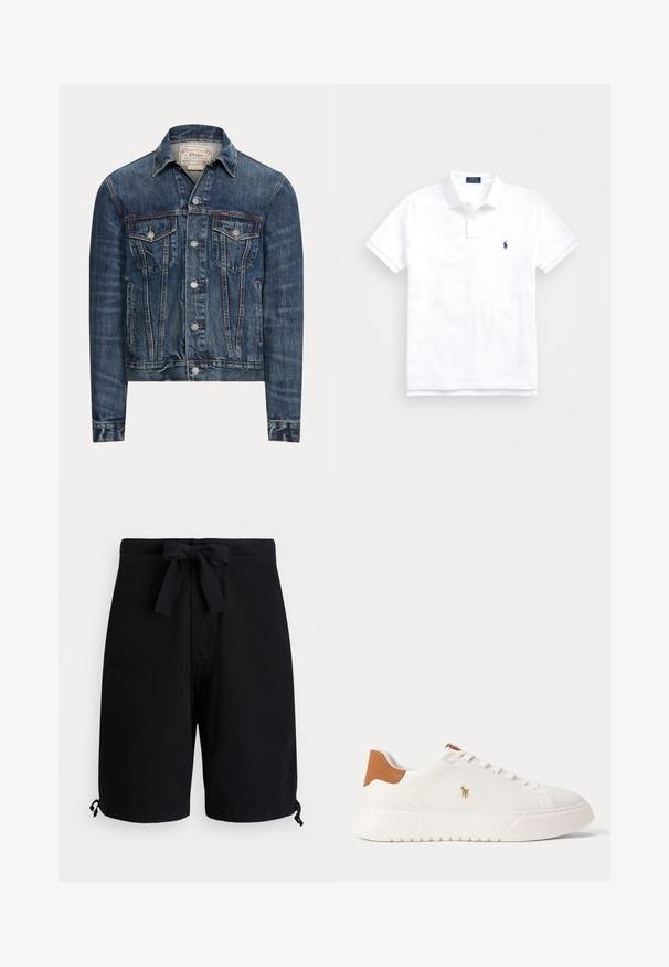 Blå denimjakke med knaplukning, to brystlommer med klap, sidelommer og synlig syning, mærket Polo Ralph Lauren indeni kraven.; Hvid polo t-shirt med korte ærmer, krave, to knapper og lille mørkeblå broderet logo på venstre bryst.; Sorte svøm shorts lavet af letvægtsstof, med snøre i taljen og justerbare toggledetaljer vedkanterne.; Hvid lavtop sneaker med tan hælfane, hvide snørebånd og lille broderet polo-spiller logo på siden over en tyk sål.