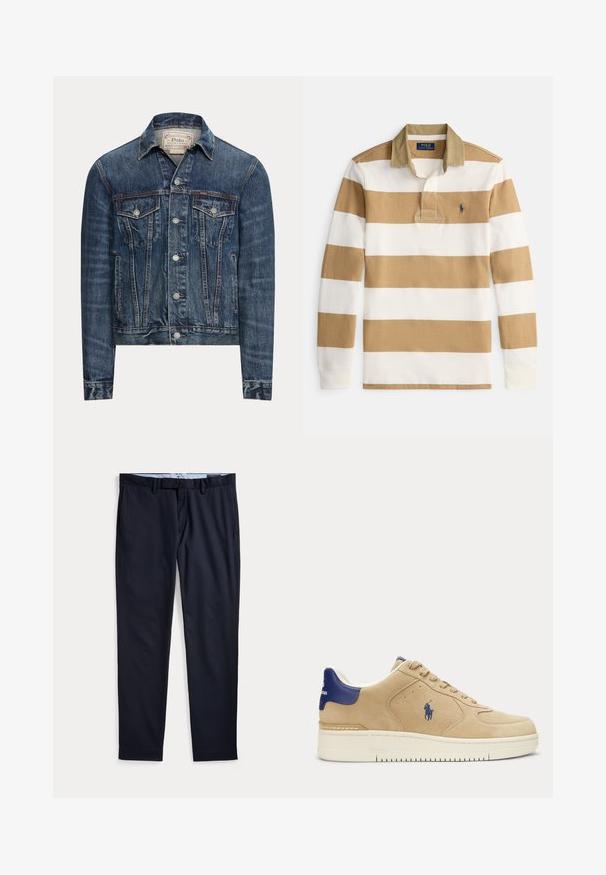 Modrá rifľová bunda so zapínaním na gombíky, dvoma náprsnými vreckami s chlopňami, bočnými vreckami a viditeľným prešívaním, označená Polo Ralph Lauren vo vnútri goliera.; Béžovo-biele široké pruhované tričko na dlhý rukáv s béžovým golierom a logom Polo Ralph Lauren na ľavej strane hrudníka.; Pánske spoločenské nohavice námornícko modrej farby s pútkami na opasok, zipsom a bočnými vreckami, položené na bielom pozadí.; Béžová semišová teniska s tmavomodrou pätkou a logom, bielou podrážkou, šnurovací dizajn a výšivka hráča póla na boku.
