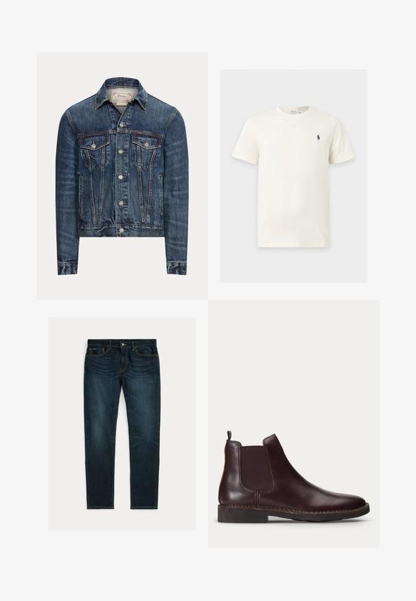 Blauwe spijkerjas met knoopsluiting, twee borstflappenzakken, zijzakken en zichtbare stiksels, met Polo Ralph Lauren-label aan de binnenkant van de kraag.; Wit T-shirt met korte mouwen en ronde hals met klein donker logo van een paard en ruiter op de linkerborst.; Donkerblauwe slim-fit jeans met lichte vervaging en vijfzakkenontwerp, plat gelegd op een witte achtergrond.; Donkerbruine leren Chelsea-boot met elastisch zijpaneel en lage hak, weergegeven in profiel op een witte achtergrond.