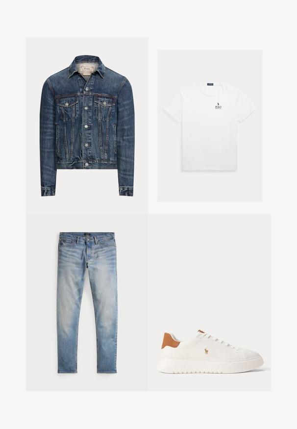 Blå denimjakke med knaplukning, to brystlommer med klap, sidelommer og synlig syning, mærket Polo Ralph Lauren indeni kraven.; Hvid t-shirt med korte ærmer og rund hals, med lille mørkeblå Polo Ralph Lauren-logo på venstre bryst.; Lys blå denimjeans med en falmet finish, fem-lomme design og kontraststing. Har lynlås og bæltesløjfer. Lige pasform.; Hvid lavtop sneaker med tan hælfane, hvide snørebånd og lille broderet polo-spiller logo på siden over en tyk sål.
