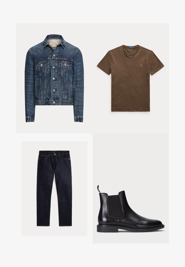 Blå denimjakke med knaplukning, to brystlommer med klap, sidelommer og synlig syning, mærket Polo Ralph Lauren indeni kraven.; Brun kortærmet t-shirt med rund halsudskæring og lille broderet Polo Ralph Lauren-logo på venstre bryst.; Mørk indigoblå jeans med lige ben, fem lommer, knap- og lynlås lukning samt kontrastfulde orange syninger på en ensfarvet baggrund.; Sort læder Chelsea støvle med elastiske sidelæg, tekstureret overflade, rund tå og en lav stablet hæl. Har en grebsløkke for nem påtagning.