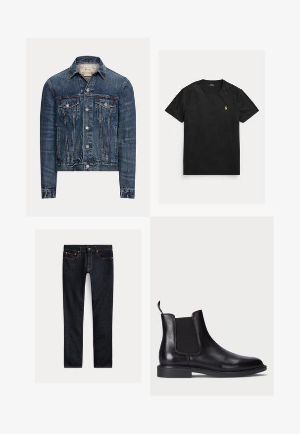 Blauwe spijkerjas met knoopsluiting, twee borstflappenzakken, zijzakken en zichtbare stiksels, met Polo Ralph Lauren-label aan de binnenkant van de kraag.; Zwart T-shirt met korte mouwen en ronde hals met klein geel Polo Ralph Lauren-logo op de linkerborst.; Donkerblauwe slim-fit jeans met vijf zakken, knoopsluiting en contrasterende stiksels, plat gelegd op een lichte achtergrond.; Zwarte leren Chelsea-boot met elastische zijpanelen, een gestructureerde afwerking, een ronde neus en een lage gestapelde hak. Voorzien van een trekband voor gemakkelijk aan- en uittrekken.
