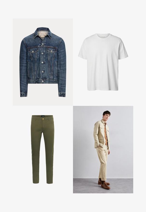 Blaue Jeansjacke mit Knopfverschluss, zwei Brustklappentaschen, Seitentaschen und sichtbaren Nähten, mit Polo Ralph Lauren-Label im Innenkragen.; Schlichtes weißes T-Shirt mit kurzen Ärmeln und Rundhalsausschnitt, lässiger Passform und ohne sichtbare Logos oder Designs auf der Vorderseite.; Olivgrüne Hosen aus weichem Baumwollgemisch mit vorderem Knopfverschluss, Gürtelschlaufen und slim fit Design.; Beige Baumwolljacke mit zwei Brusttaschen über einem braunen Hemd und passenden beigen Hosen. Braune Lederstiefeletten runden das Outfit ab.