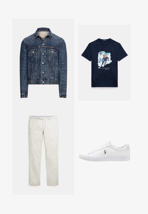 Modrá rifľová bunda so zapínaním na gombíky, dvoma náprsnými vreckami s chlopňami, bočnými vreckami a viditeľným prešívaním, označená Polo Ralph Lauren vo vnútri goliera.; Tmavomodré bavlnené tričko s grafikou medveďa na lyžiach, ktorý má na očiach okuliare, s vrtuľníkom nad ním a zasneženými horami v pozadí.; Krémové nohavice s rovnými nohavicami, s pútkami na opasok a skrytým predným zapínaním na jednoduchom pozadí.; Biele plátenné tenisky s nízkym strihom, ktoré majú béžový opasok na päte a malé vyšívané logo na boku. Gumová podrážka.