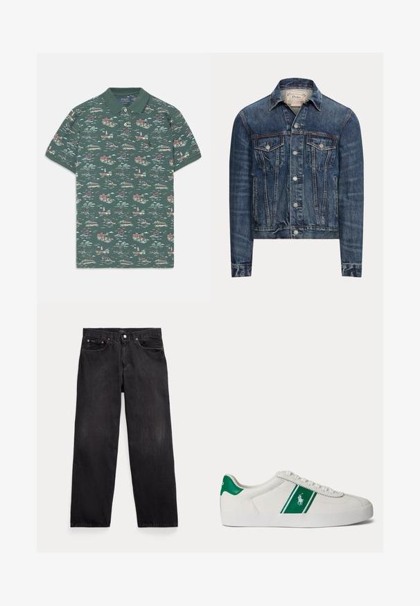 Modrá rifľová bunda so zapínaním na gombíky, dvoma náprsnými vreckami s chlopňami, bočnými vreckami a viditeľným prešívaním, označená Polo Ralph Lauren vo vnútri goliera.; Polo s krátkym rukávom v tmavozelenej bavlne s malebnou potlačou domov, lodí a stromov; obsahuje trojradový gombík a rebrovaný golier.; Čierne rifle s rovnými nohavicami, piatimi vreckami, zapínaním na gombíky a viditeľnými kovovými nitmi na predných vreckách.; Biele nízke tenisky s zeleným pruhom a logom Polo na boku, zelený jazyk na päte a biele šnúrky, zobrazené z ľavej strany na jednoduchom pozadí.