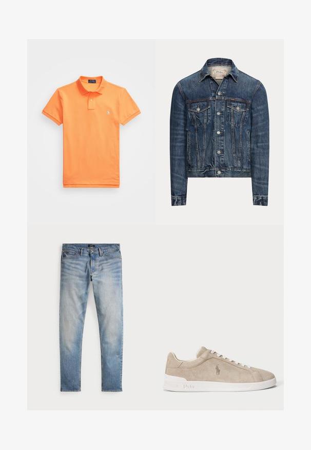 Sininen farkkutakki, jossa napillinen kiinnitys, kaksi rintataskua läpällä, sivutaskut ja näkyvät saumat, merkitty Polo Ralph Lauren kauluksen sisäpuolelle.; Oranssi puuvillapaita, jossa on pyöreä kaula-aukko, lyhyet hihat ja pieni sininen logo vasemmassa rinnassa. Sileä materiaali, klassinen malli.; Vaaleansiniset farkut, joissa on haalistunut pinta, viisi taskua ja kontrastiväriset ompeleet. Varustettu vetoketjullisella suljennalla ja vyölenkeillä. Suora leikkaus.; Beige mokasii, joissa on valkoiset nauhat ja pohja, brodeerattu Polo-logo sivulla ja "Polo" painettuna pohjassa.