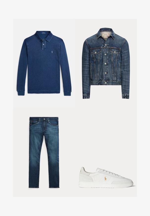 Sinine teksajakk nööpkinnitusega, kahe rinnatasku kaant, küljetaskud ja nähtavad õmblused, märgistatud Polo Ralph Lauren sisevoldil.; Tumesinine pikka varrukaga polo-särk puuvillasegust, millel on klassikaline krae, kahe-klõpsuga plokk ja väike tikitud logo rinnal.; Tumesinised kitsad teksad esiküljel nööbi ja tõmblukuga, viie taskuga ning peene tuhmumisega reite ja põlvede eesosas.; Valge madala säärega tennisking paeltega, kuldse Polo Ralph Laureni logoga küljel ja tekstureeritud tallaga ühevärvsel taustal.
