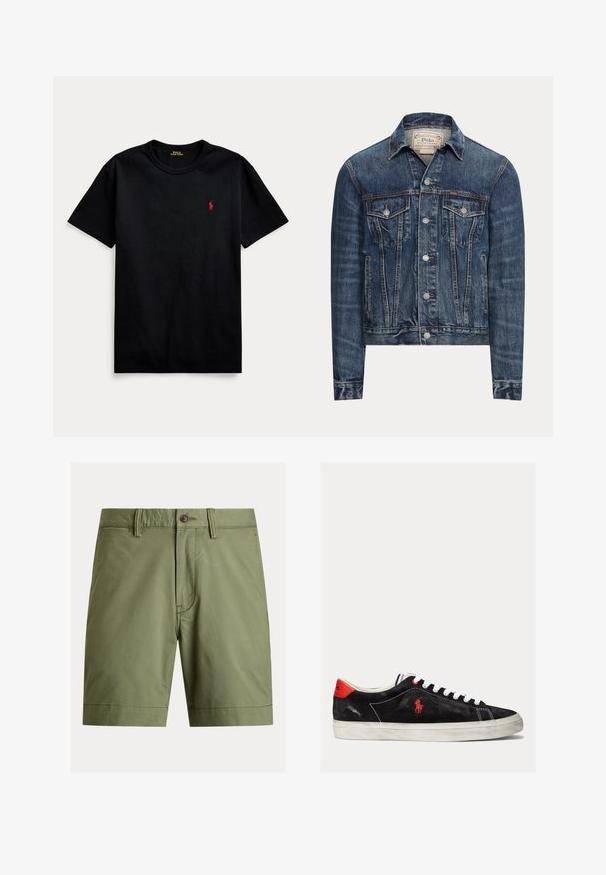 Blaue Jeansjacke mit Knopfverschluss, zwei Brustklappentaschen, Seitentaschen und sichtbaren Nähten, mit Polo Ralph Lauren-Label im Innenkragen.; Schwarzes Baumwoll-T-Shirt mit kurzen Ärmeln, Rundhalsausschnitt und kleinem roten gestickten Logo auf der linken Brust. Glatte Textur, lässiges Design.; Olivgrüne Shorts aus Baumwollmischgewebe, mit Knopfverschluss, Gürtelschlaufen und geradem Schnitt mit gesäumten Saumabschlüssen.; Schwarze Wildleder-Sneaker mit weißen Schnürsenkeln, roten Akzenten an der Ferse und einem kleinen roten Logo. Sie verfügen über eine flache Gummisohle und einfache Nähte.