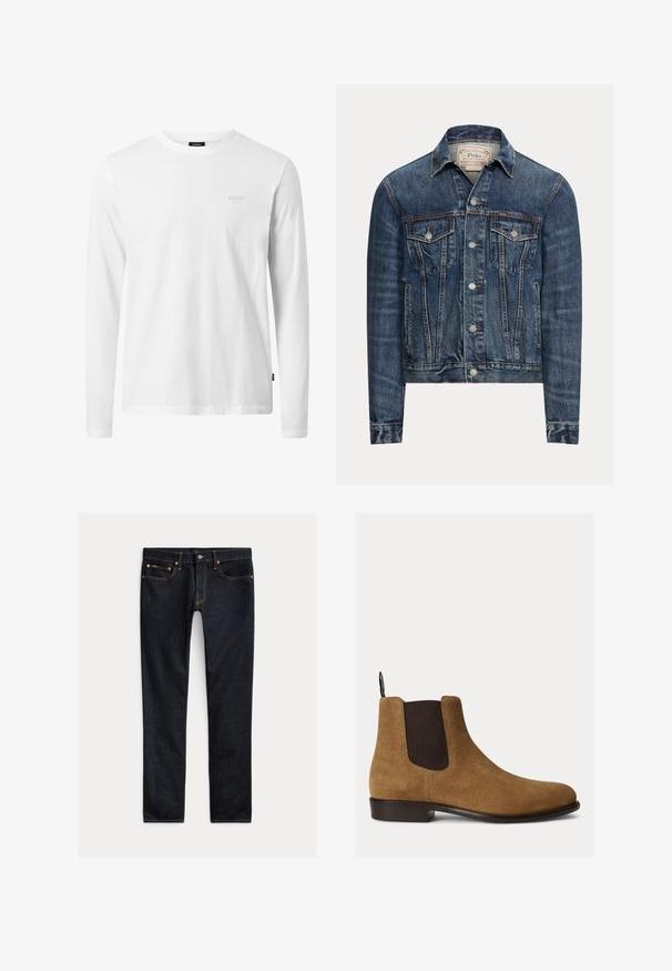 Cazadora vaquera azul con cierre de botones, dos bolsillos con solapa en el pecho, bolsillos laterales y costuras visibles, etiquetada Polo Ralph Lauren en el interior del cuello.; Camiseta blanca de manga larga hecha de algodón, con cuello redondo, textura suave y un sutil logo en el pecho. Diseño simple y clásico.; Vaqueros ajustados de color azul oscuro con cinco bolsillos, cierre de botones y costuras en contraste, colocados planos sobre un fondo claro.; Botín Chelsea de ante marrón con panel lateral elástico negro, tacón bajo y lengüeta en fondo claro liso.