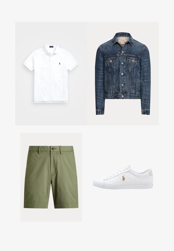 Blaue Jeansjacke mit Knopfverschluss, zwei Brustklappentaschen, Seitentaschen und sichtbaren Nähten, mit Polo Ralph Lauren-Label im Innenkragen.; Weißes Poloshirt mit kurzen Ärmeln, Kragen, zwei Knöpfen und kleinem dunkelblau besticktem Logo auf der linken Brust.; Olivgrüne Shorts aus Baumwollmischgewebe, mit Knopfverschluss, Gürtelschlaufen und geradem Schnitt mit gesäumten Saumabschlüssen.; Weiße Leinensneaker im Low-Top-Design mit einem beigen Ferseneinsatz und einem kleinen gestickten Logo an der Seite. Gummisohle.