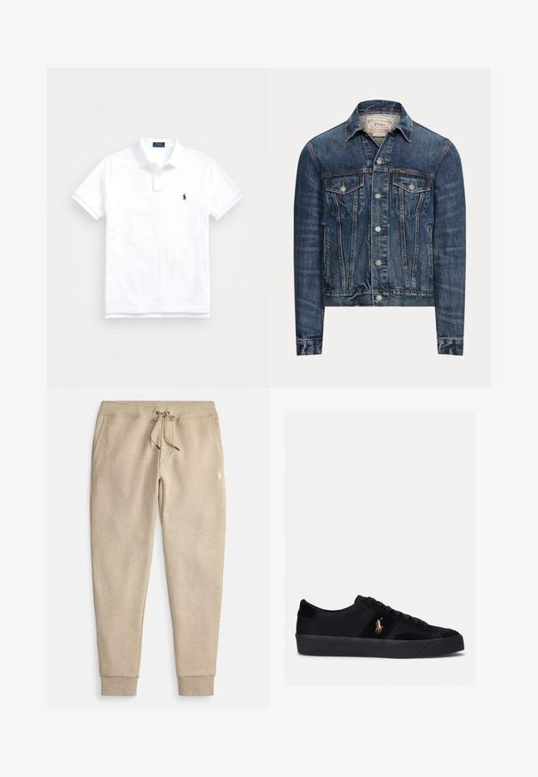 Blauwe spijkerjas met knoopsluiting, twee borstflappenzakken, zijzakken en zichtbare stiksels, met Polo Ralph Lauren-label aan de binnenkant van de kraag.; Witte poloshirt met korte mouwen, kraag, twee knopen en klein marineblauw geborduurd logo op de linkerborst.; Beige joggingbroek van zachte stof, voorzien van een trekkoord in de taille, zijzakken en geribbelde boorden. Voorzien van een klein logo op het bovenbeen.; Zwarte sneakers met een bovenwerk van stof en suède, ronde neus, platte rubberen zool en geborduurd logo aan de zijkant. Vetersluiting met zes veterogen.