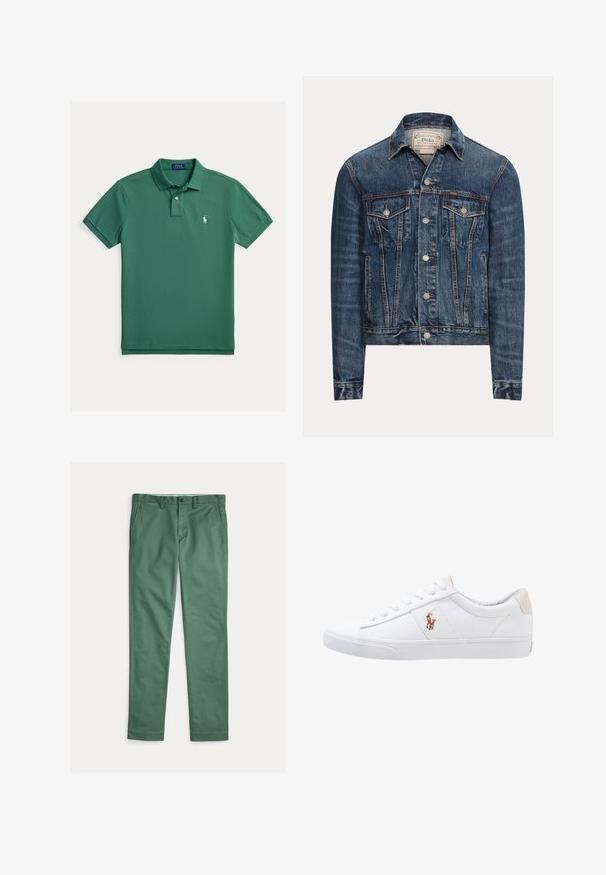 Modrá rifľová bunda so zapínaním na gombíky, dvoma náprsnými vreckami s chlopňami, bočnými vreckami a viditeľným prešívaním, označená Polo Ralph Lauren vo vnútri goliera.; Zelené polokošeľa z bavlny, s klasickým golierom, dvoma gombíkmi, krátkymi rukávmi a malým bielym logom na ľavej strane hrudníka.; Zelené pánske nohavice s rovnými nohavicami, prednými vreckami, pútkami na opasok a zapínaním na gombík, zobrazené na bielom pozadí.; Biele plátenné tenisky s nízkym strihom, ktoré majú béžový opasok na päte a malé vyšívané logo na boku. Gumová podrážka.