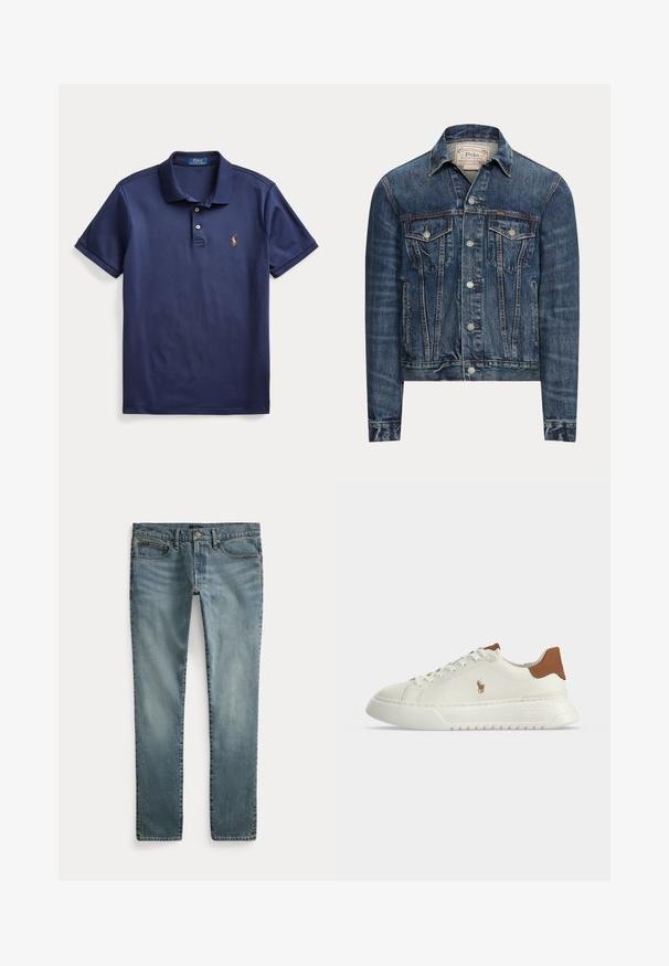 Blauwe spijkerjas met knoopsluiting, twee borstflappenzakken, zijzakken en zichtbare stiksels, met Polo Ralph Lauren-label aan de binnenkant van de kraag.; Marineblauw poloshirt met korte mouwen, twee knopen en een klein geborduurd logo op de linkerborst.; Blauwe denim jeans met rechte pijpen, voorzakken, riemlussen en knoopsluiting.; Witte lage sneaker met een bruine hieltab, veterluiting aan de voorkant, dikke zool en klein geborduurd paardenlogo aan de zijkant.