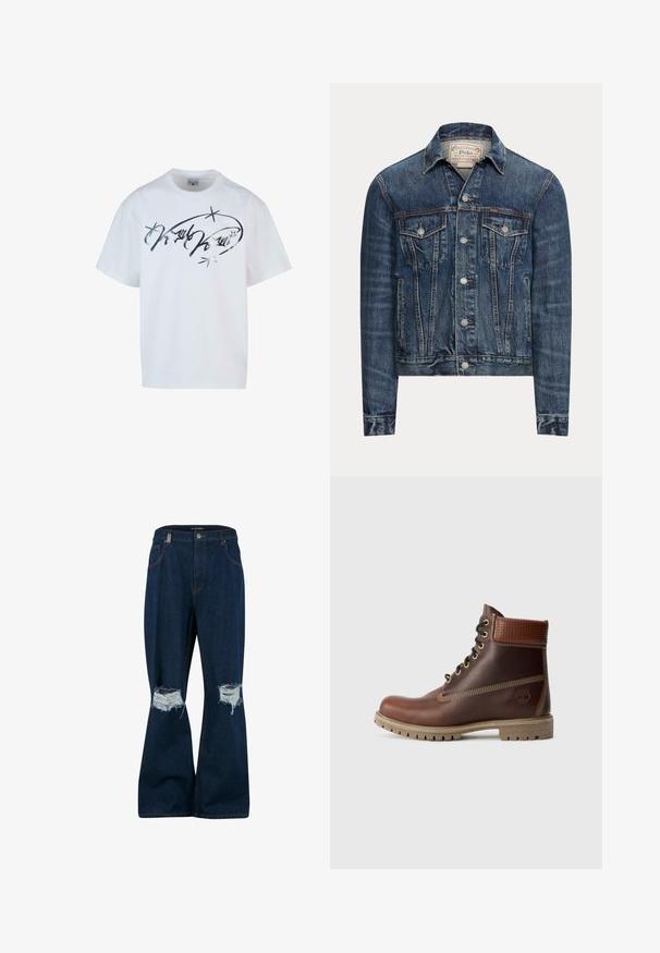 Sinine teksajakk nööpkinnitusega, kahe rinnatasku kaant, küljetaskud ja nähtavad õmblused, märgistatud Polo Ralph Lauren sisevoldil.; Valge puuvillane T-särk, millel on hõbedane kirjatükk koos tähtedega. Loodud mugavaks lõtvaks istuvuseks, lühikeste varrukatega ja ümmarguse kaeluse kujundusega.; 2Y Studios ANDUIN RIPPED BAGGY - Baggy fit teksad - raw; Pruun nahast lõhkumisega ankle boot, millel on polsterdatud krae, kontrastne õmblus ja robustne tald, shown välisküljelt valgel taustal.
