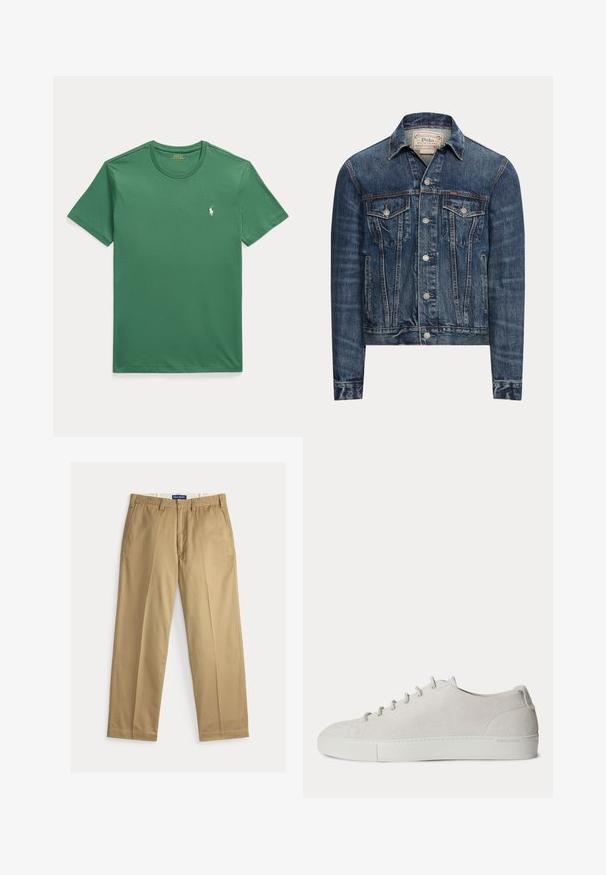 Modrá rifľová bunda so zapínaním na gombíky, dvoma náprsnými vreckami s chlopňami, bočnými vreckami a viditeľným prešívaním, označená Polo Ralph Lauren vo vnútri goliera.; Zelené tričko s krátkym rukávom a okrúhlym výstrihom s malým bielym logom koníka Polo Ralph Lauren na ľavej strane hrudníka.; Béžové chino nohavice z bavlnenej tkaniny. Strih s rovnými nohavicami, s hladkým predným dielom, dvomi bočnými vreckami a pásom so zapínaním na gombík.; Biely nízky semišový teniska so šnurovaním vpredu a gumovou podrážkou, minimalistický dizajn.