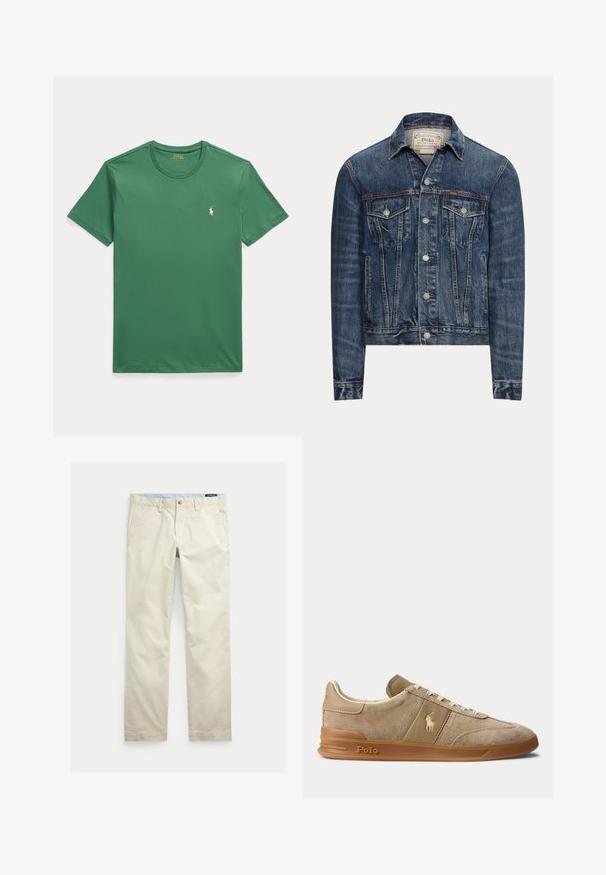 Modrá rifľová bunda so zapínaním na gombíky, dvoma náprsnými vreckami s chlopňami, bočnými vreckami a viditeľným prešívaním, označená Polo Ralph Lauren vo vnútri goliera.; Zelené tričko s krátkym rukávom a okrúhlym výstrihom s malým bielym logom koníka Polo Ralph Lauren na ľavej strane hrudníka.; Béžové bavlnené nohavice s rovnými nohavicami, opaskové pútká, predné zapínanie na gombík, zips a bočné vrecká.; Béžové nízke tenisky z brúseného semišu a kože s gumovou podrážkou, bielymi šnúrkami a logom Polo na boku a na podrážke.