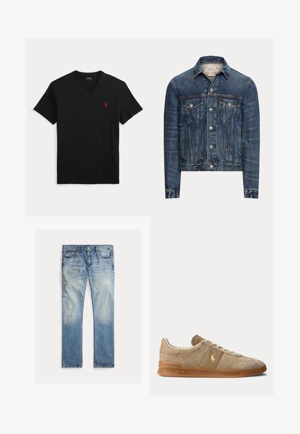 Sinine teksajakk nööpkinnitusega, kahe rinnatasku kaant, küljetaskud ja nähtavad õmblused, märgistatud Polo Ralph Lauren sisevoldil.; Must V-kaelusega lühikeste varrukatega T-särk, millel on vasakul rinnal väike punane Polo Ralph Laureni logo.; Heledad sinised teksad, millel on tuhm kanga värv ja kulunud detailid, värviriputused, traditsiooniline viie taskuga disain, otse jalgade sobitamine.; Beež color veluurist ja nahast madala säärega toss kummikõrrega, valgete paelte ja Polo logoga küljel ning tallal.