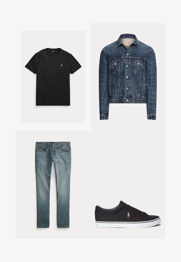 Blauwe spijkerjas met knoopsluiting, twee borstflappenzakken, zijzakken en zichtbare stiksels, met Polo Ralph Lauren-label aan de binnenkant van de kraag.; Zwart T-shirt met korte mouwen en ronde hals met klein geel Polo Ralph Lauren-logo op de linkerborst.; Blauwe denim jeans met rechte pijpen, voorzakken, riemlussen en knoopsluiting.; Zwarte lage sneaker met witte zool en gestikt polo-speler logo aan de zijkant, met veterluiting en textuurstof bovenwerk.