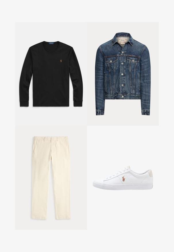 Blaue Jeansjacke mit Knopfverschluss, zwei Brustklappentaschen, Seitentaschen und sichtbaren Nähten, mit Polo Ralph Lauren-Label im Innenkragen.; Schwarzes langärmeliges T-Shirt aus weicher Baumwolle, mit Rundhalsausschnitt und kleinem, farblich akzentuiertem gesticktem Logo auf der Brust.; Cremefarbene, gerade geschnittene Hose mit Gürtelschlaufen und Seitentaschen, flach auf hellem Hintergrund dargestellt.; Weiße Leinensneaker im Low-Top-Design mit einem beigen Ferseneinsatz und einem kleinen gestickten Logo an der Seite. Gummisohle.