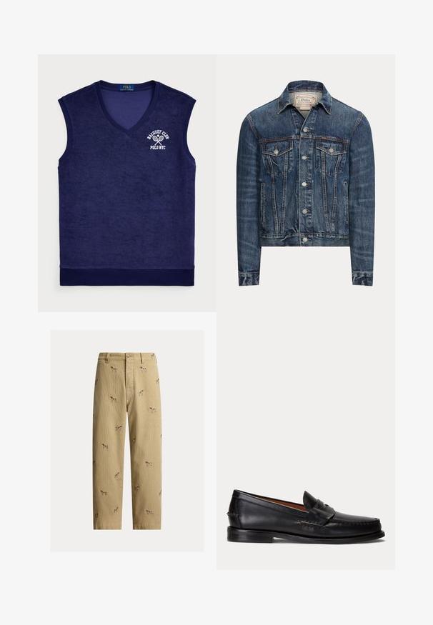 Blauwe spijkerjas met knoopsluiting, twee borstflappenzakken, zijzakken en zichtbare stiksels, met Polo Ralph Lauren-label aan de binnenkant van de kraag.; Marineblauwe mouwloze poloshirt van terrycloth; heeft een v-hals, geribde halslijn en een wit logo met tennisrackets.; Beige ribfluwelen broek met geborduurde hondendesigns, rechte pijp, en vijfzakkenstijl met een knoopsluiting aan de voorkant.; Zwarte leren loafer met lage hak en penny-strap detail, van opzij getoond op een lichtgrijze achtergrond.