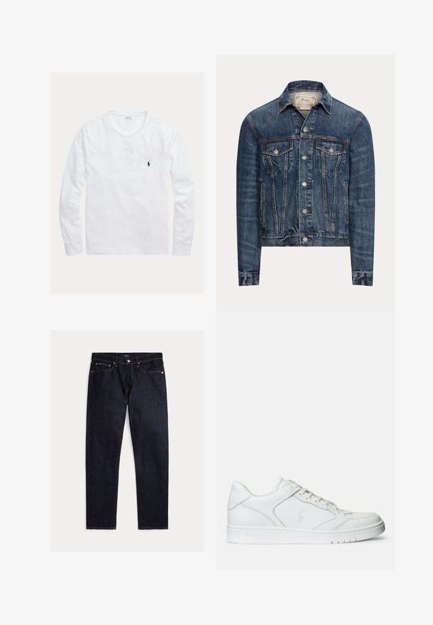 Blauwe spijkerjas met knoopsluiting, twee borstflappenzakken, zijzakken en zichtbare stiksels, met Polo Ralph Lauren-label aan de binnenkant van de kraag.; Wit shirt met lange mouwen en ronde hals, met klein donkerblauw Polo Ralph Lauren-logo geborduurd op de linkerborst.; Donker indigoblauwe rechte jeans met vijf zakken, knoop- en ritsluiting en contrasterende oranje stiksels op een effen achtergrond.; Witte leren sneaker met een gladde textuur, voorzien van een geperforeerde neus, vetersluiting en geborduurde logo aan de zijkant. Witte rubberen zool.