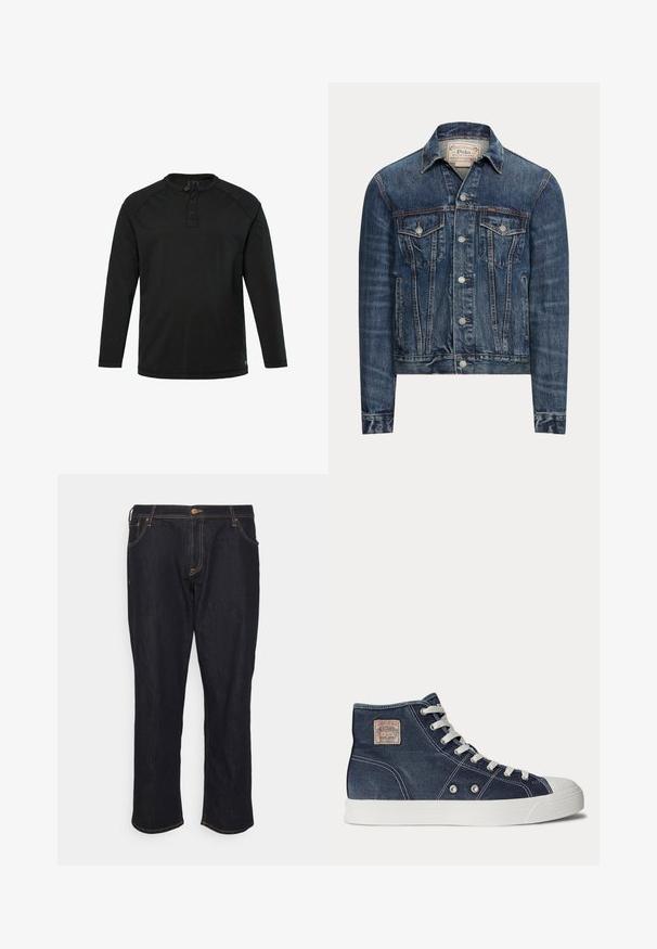 Blaue Jeansjacke mit Knopfverschluss, zwei Brustklappentaschen, Seitentaschen und sichtbaren Nähten, mit Polo Ralph Lauren-Label im Innenkragen.; Schwarzes Langarm-Henley-Shirt mit drei Knöpfen und Rundhalsausschnitt, schlichte Gestaltung und gerader Saum.; Jack & Jones JJICHRIS JJORIGINAL - Jeans Relaxed Fit - blue denim; Marineblaue High-Top-Sneaker mit weißen Schnürsenkeln, weißer Gummisohle, Metallösen und einem kleinen beigen Markenpatch im Knöchelbereich.