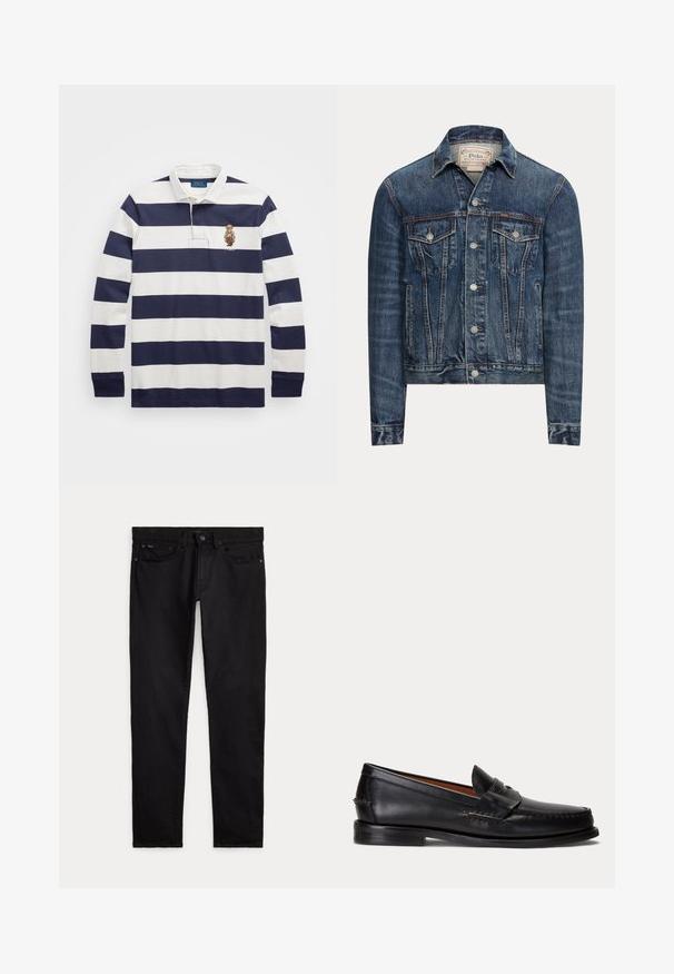 Cazadora vaquera azul con cierre de botones, dos bolsillos con solapa en el pecho, bolsillos laterales y costuras visibles, etiquetada Polo Ralph Lauren en el interior del cuello.; Polo Ralph Lauren CLASSIC FIT POLO BEAR RUGBY SHIRT - Camiseta de manga larga - blu; Vaqueros negros de corte slim con bolsillos delanteros y traseros, trabillas para cinturón y cierre con botón y cremallera, colocados planos sobre un fondo blanco.; Mocasín negro de cuero con tacón bajo y detalle de correa para moneda, mostrado de lado sobre un fondo gris claro.